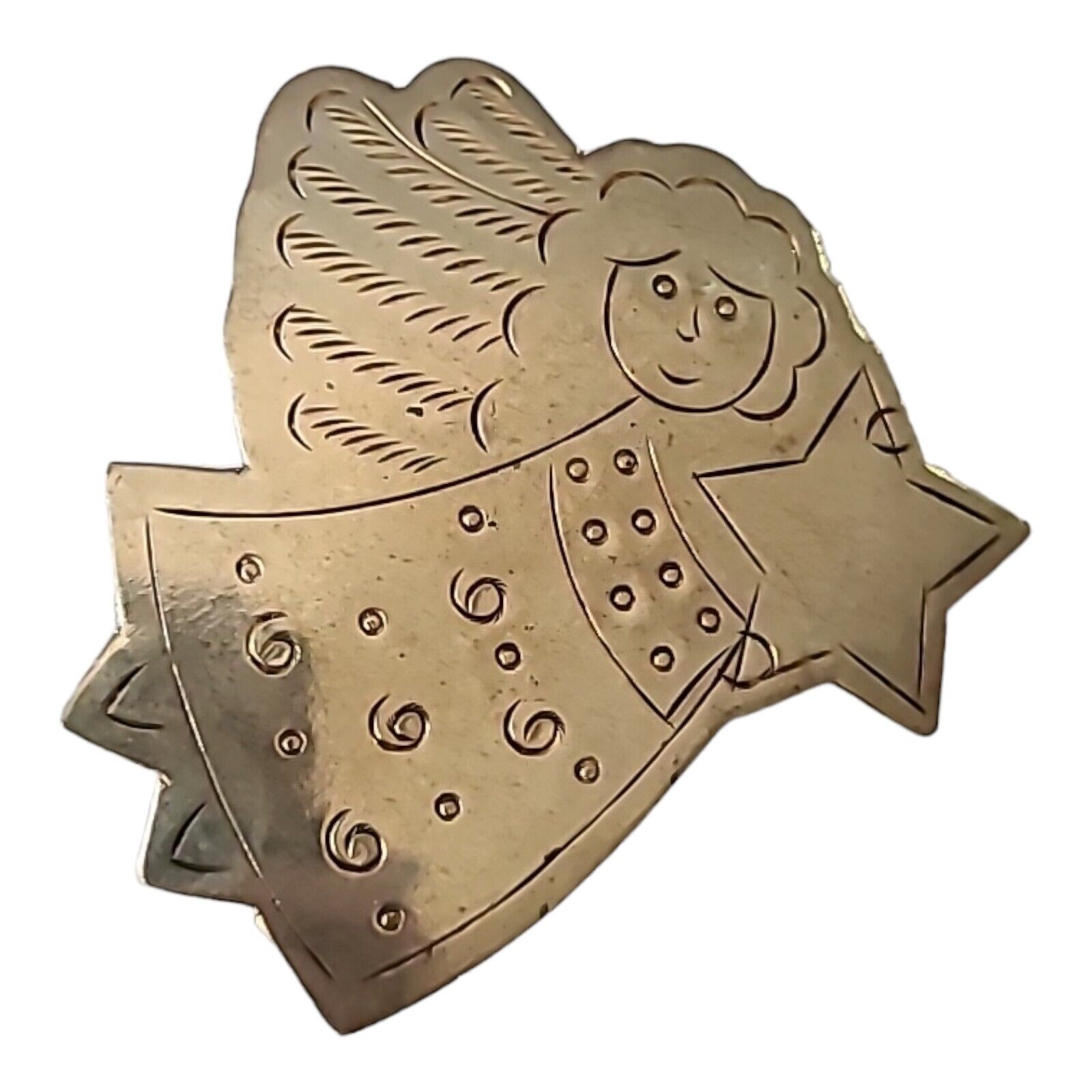 Silver Tone Etched Angel Holding Star Metal Christmas Brooch Pin 2